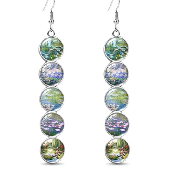 Monet Water Lillies Medley Earrings 4" - Picture 1 of 1